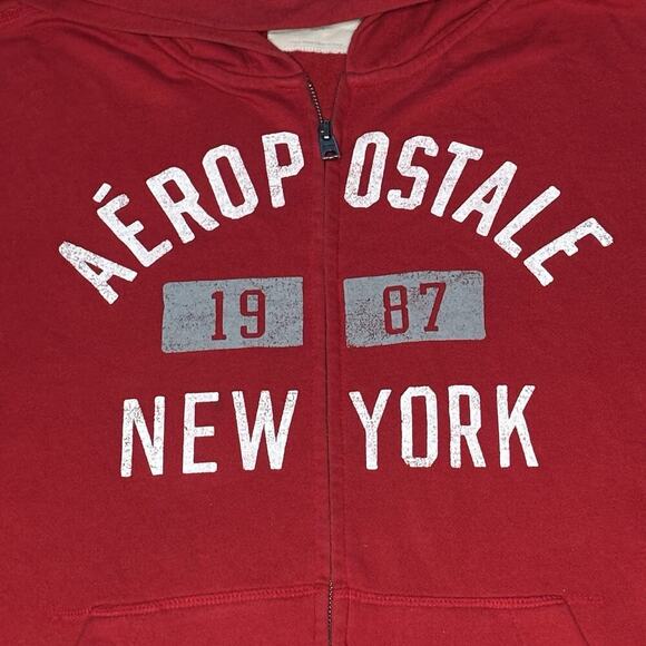 Aeropostale Full Zip Y2K Hoodie Sweatshirt Red New York 1987 Mens Size XL - Picture 2 of 6
